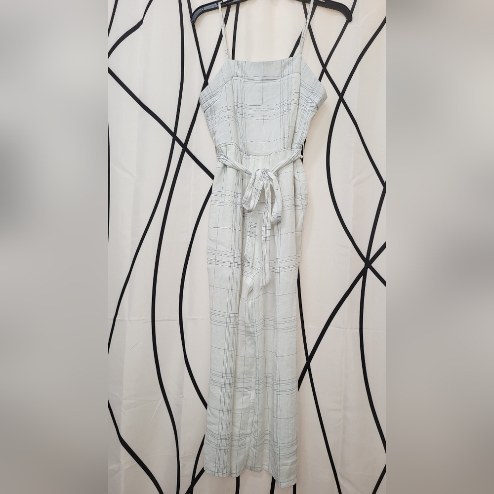 Very J Women's White Navy‎ Grid Cropped Jumpsuit Spaghetti Strap Tie Size Small